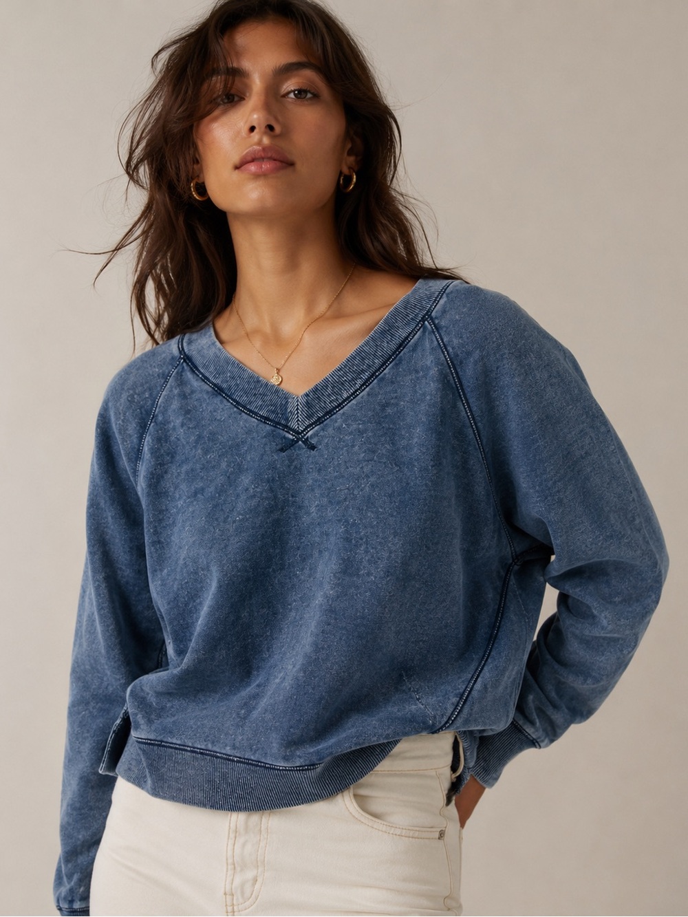 Aerie Acid Wash V-Neck Pullover Sweatshirt Blue Gray XS/TP Oversized Cozy Lounge